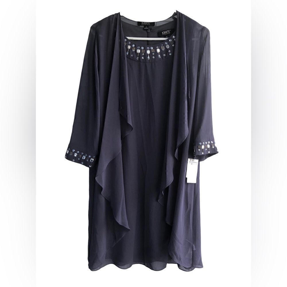 NWT Ignite Evening 2 Piece Purple/Eggplant Chiffon Rhinestones Dress & Cardigan